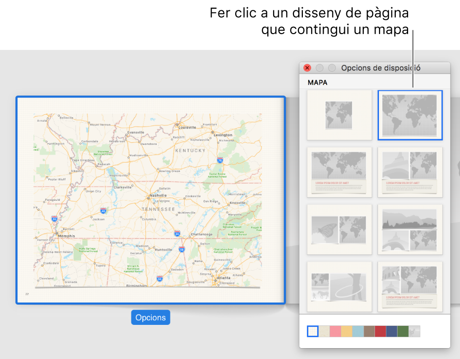Finestra “Opcions de disposició” amb diferents disposicions de mapa.