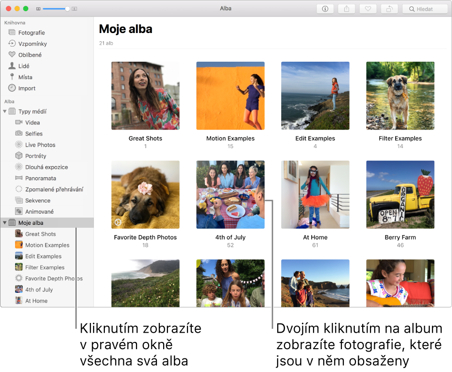 Okno aplikace Fotky se složkou Moje alba vybranou v postranním panelu a vámi vytvořenými alby zobrazenými v pravém okně