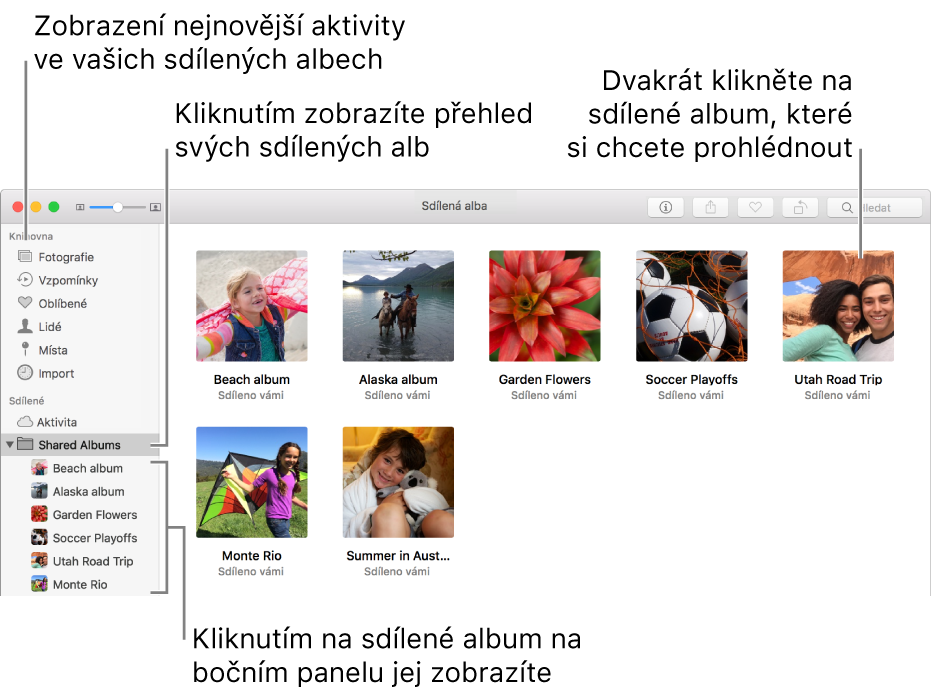 Panel Sdílené v aplikaci Fotky se zobrazenými sdílenými alby.