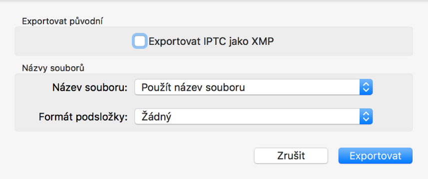 Dialogové okno Exportovat původní s volbami exportu.