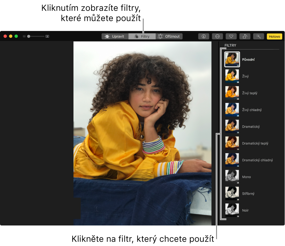 Aplikace Fotky v režimu úprav se zobrazenými filtry vpravo.
