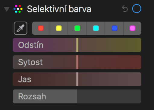 Ovládací prvky Selektivní barva s jezdci Odstín, Sytost, Jas a Rozsah.