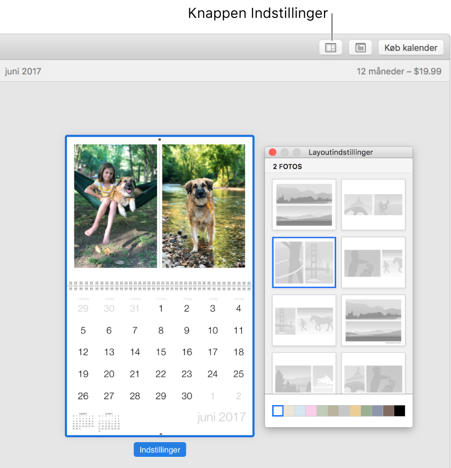 Kalenderside til venstre med vinduet Layoutindstillinger til højre, der viser sidelayout.