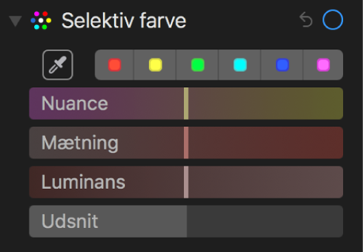 Betjeningsmuligheder til Selektiv farve, der viser mærkerne Nuance, Mætning, Luminans og Udsnit.
