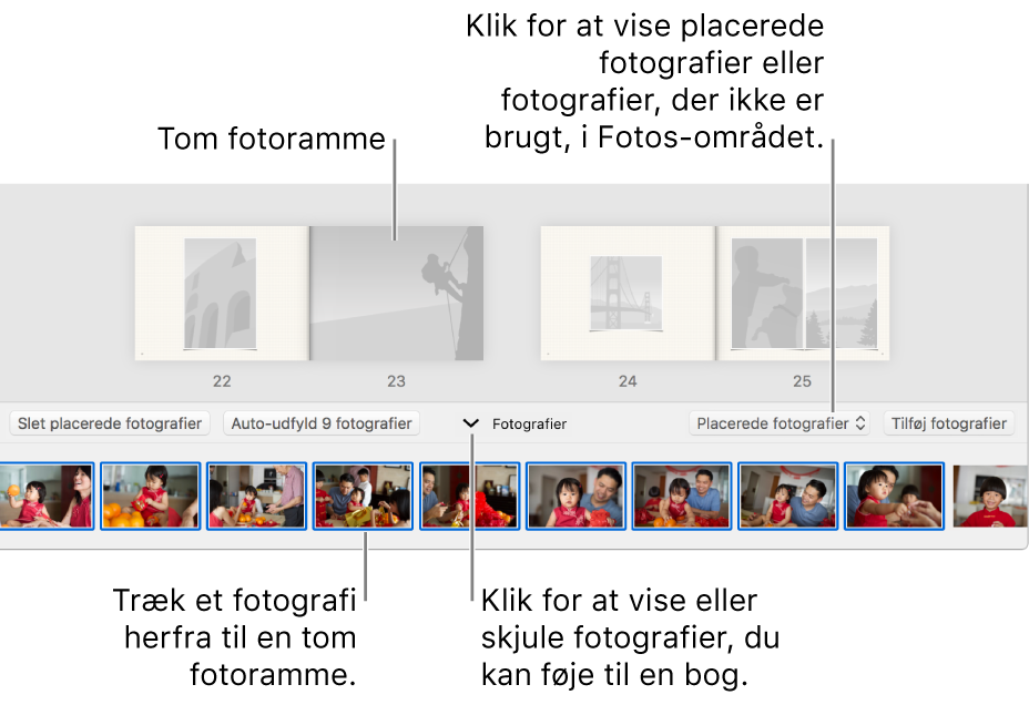 Fotos-vindue med sider i en bog med Fotos-området nederst.
