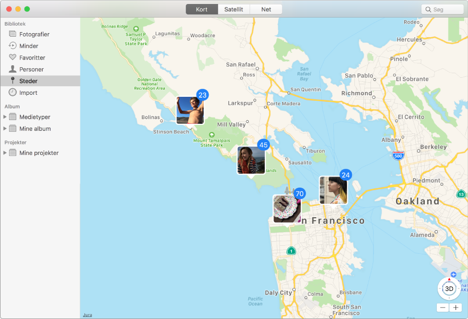 Fotos-vindue, der viser et kort med miniaturefotografier grupperet efter lokalitet.