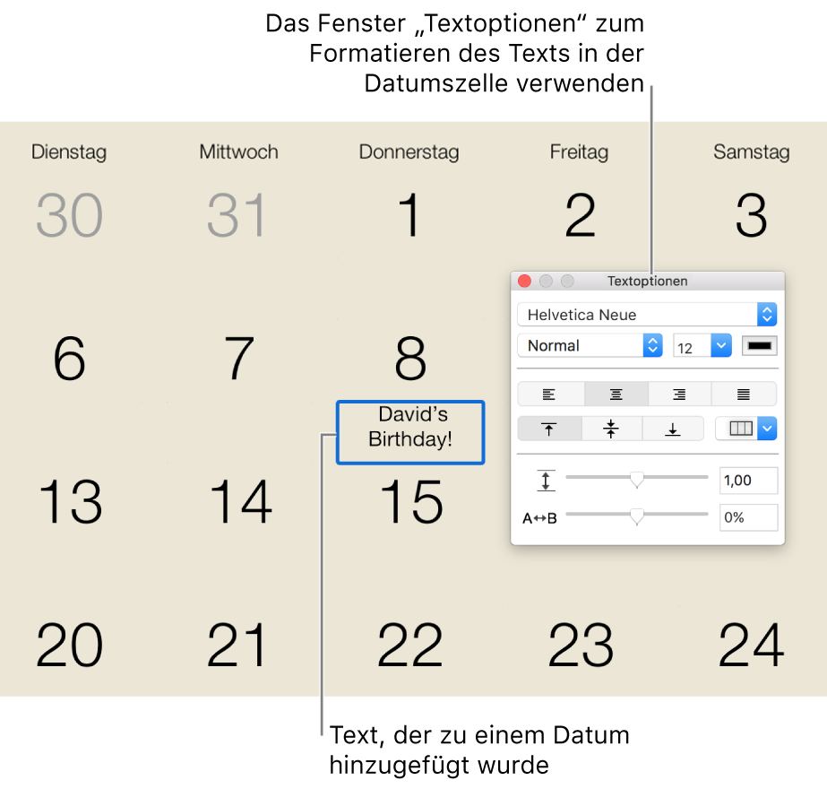 Ein Kalenderdatum mit hinzugefügtem Text und dem Fenster „Textoptionen“ rechts