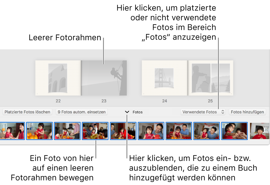 Fenster „Fotos“ mit Buchseiten und dem Bereich „Fotos“ unten