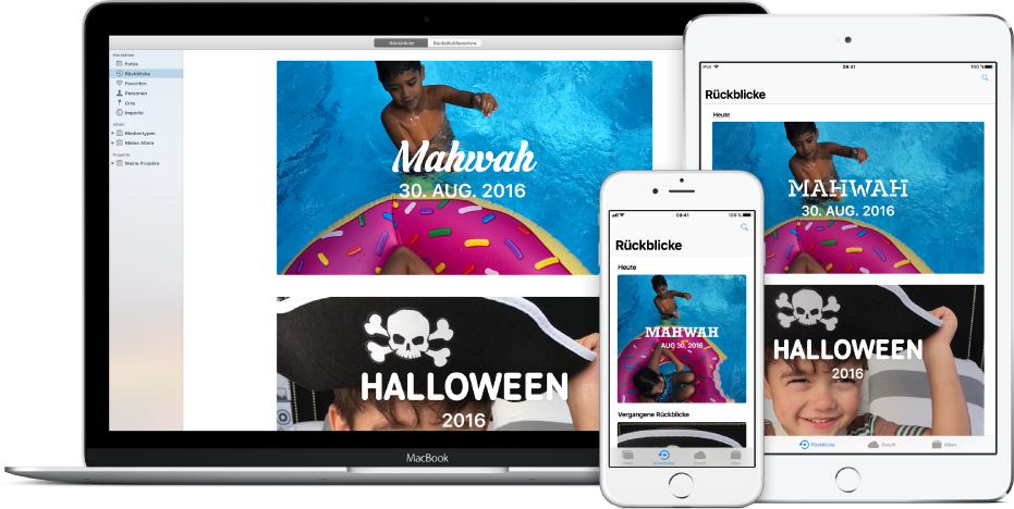Mac, iPhone und iPad, die zum Verwenden der iCloud-Fotomediathek eingerichtet sind, und auf denen dieselben Fotos angezeigt werden