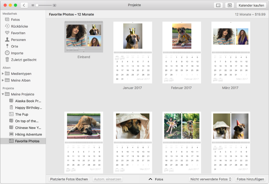 Fenster „Fotos“ mit einem Kalender