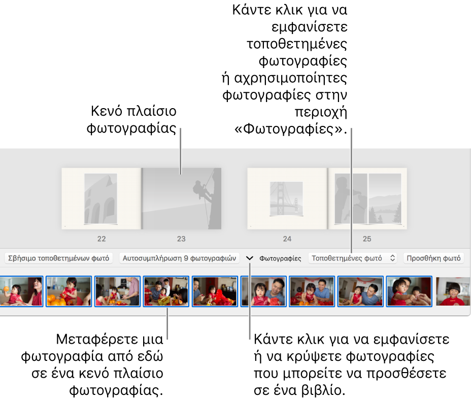 Παράθυρο των Φωτογραφιών που εμφανίζει σελίδες ενός βιβλίου με την περιοχή «Φωτογραφίες» στο κάτω μέρος.