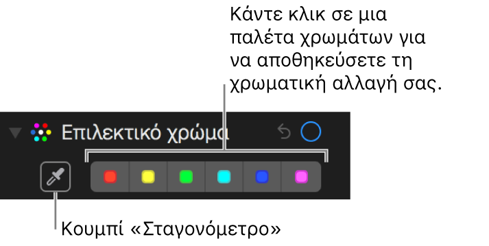 Χειριστήρια «Επιλεκτικό χρώμα» που εμφανίζουν το κουμπί «Σταγονόμετρο» και παλέτες χρωμάτων.