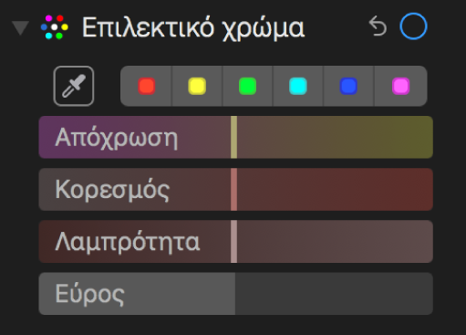 Χειριστήρια «Επιλεκτικό χρώμα» που εμφανίζουν τα ρυθμιστικά «Απόχρωση», «Κορεσμός», «Λαμπρότητα» και «Εύρος».