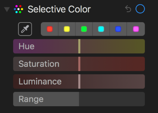Selective Color controls showing the Hue, Saturation, Luminance, and Range sliders.