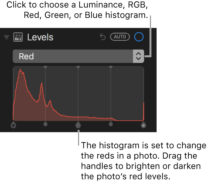 Level controls and histogram for changing reds in a photo.