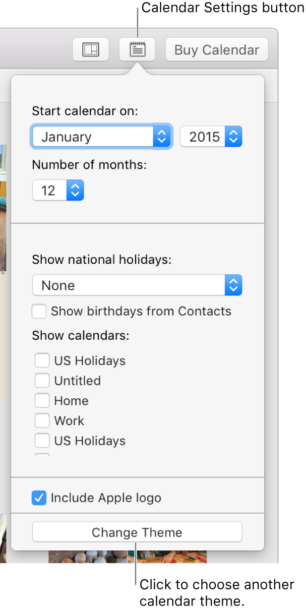 Calendar Settings options with Change Theme button at the bottom.