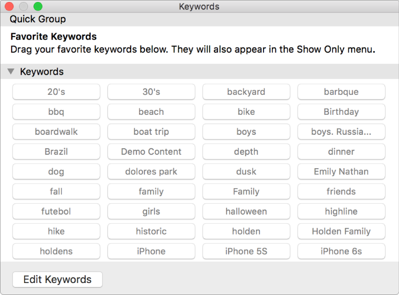 Keyword Manager window