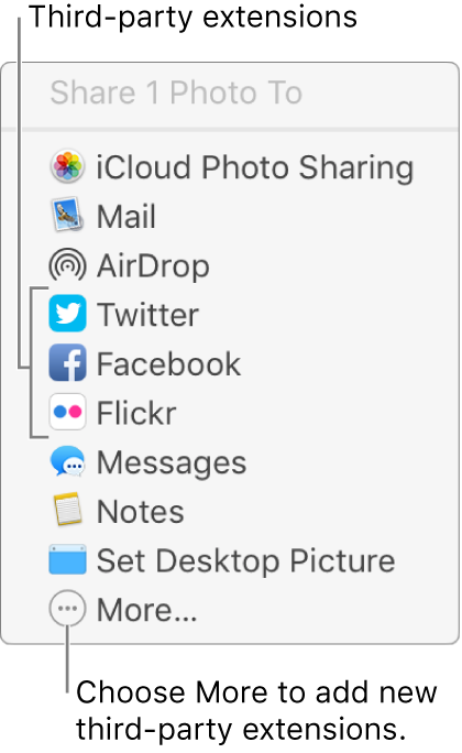 Share menu showing third-party extensions such as Flickr.