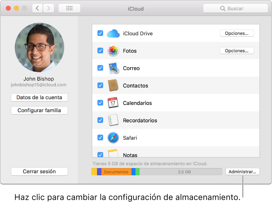 Panel iCloud de las Preferencias del Sistema.