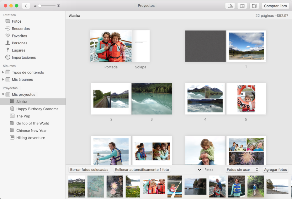 La ventana de Fotos con un proyecto de libro abierto mostrando páginas desplegadas con fotos.