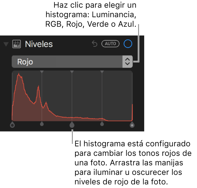 Los controles Niveles y el histograma para cambiar los rojos en una foto.