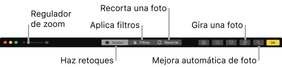 La barra de herramientas de edición mostrando botones para ver ajustes, filtros y opciones de recortar.