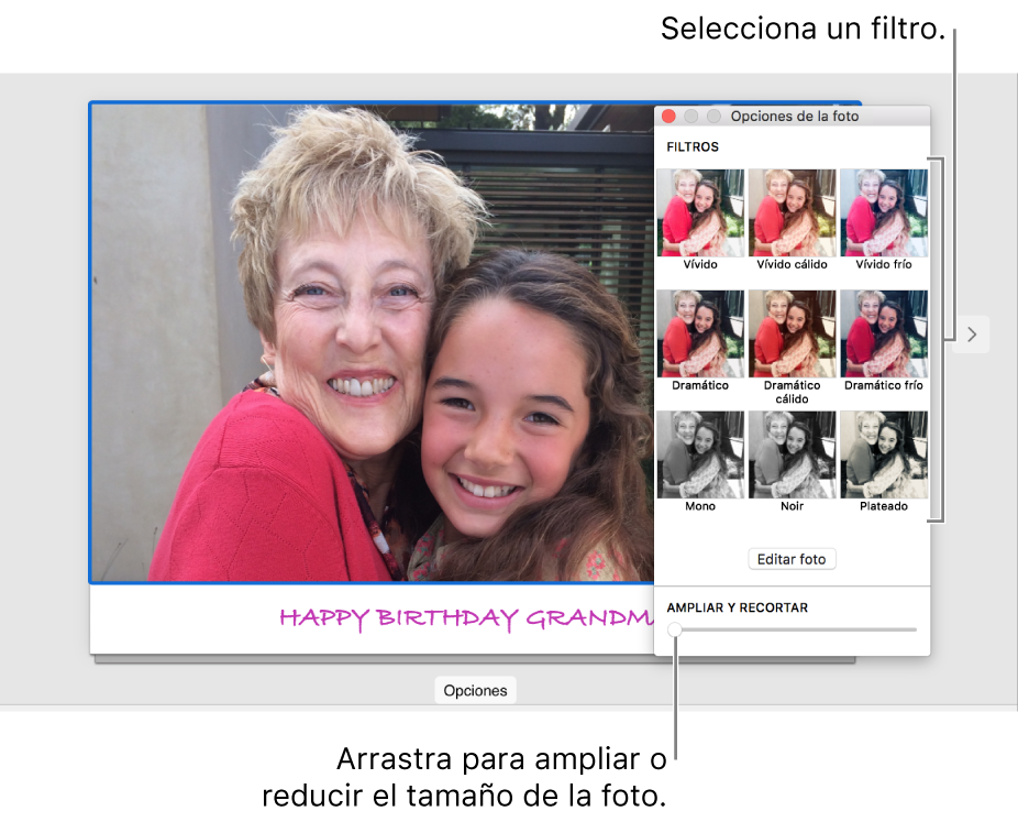 Ventana “Opciones de la foto” para una tarjeta, con el regulador “Ampliar y recortar” en la parte inferior y opciones de efectos en la parte superior.