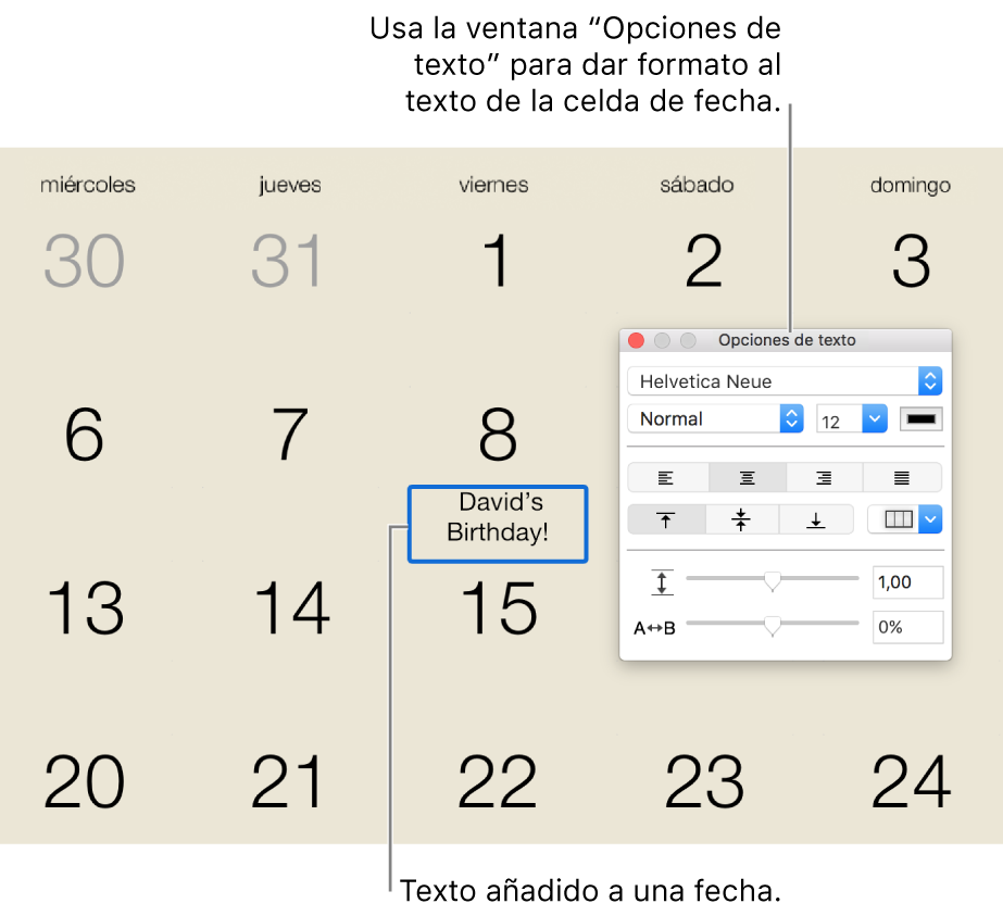 Una fecha de calendario con texto añadido y la ventana “Opciones de texto” a la derecha.