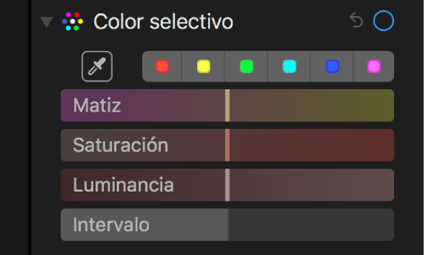 Controles de “Color selectivo” con los reguladores Matiz, Saturación, Luminancia e Intervalo.