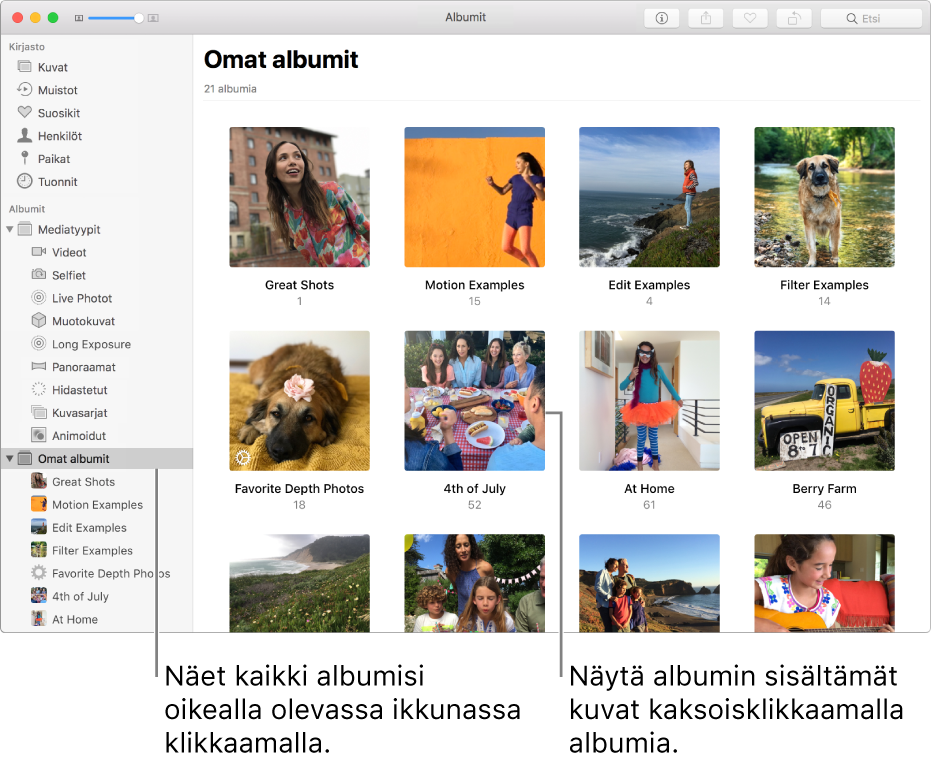 Kuvat-ikkuna, jossa Omat albumit on valittuna, ja luomasi albumit näkyvät ikkunassa oikealla.