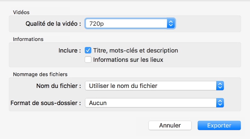 Zone de dialogue Exporter l’original présentant les options d’exportation.