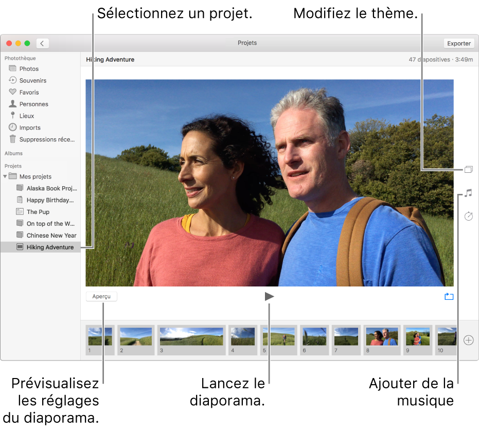 Fenêtre Photos présentant un diaporama dans la partie principale de la fenêtre, avec les boutons Aperçu, Lecture et le bouton de lecture en boucle sous l’image principale du diaporama ; vignettes de toutes les images du diaporama en bas de la fenêtre et, sur la droite, les boutons Thème, Musique et Durée.