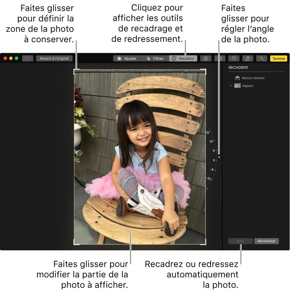 Fenêtre présentant une photo avec les options de recadrage et de redressement.