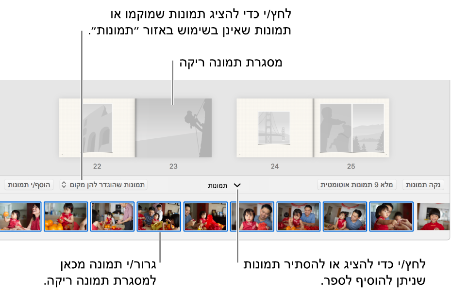 חלון ״תמונות״ מציג עמודי אלבום עם אזור ״תמונות״ בחלק התחתון.