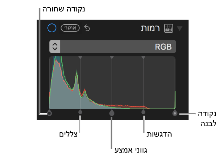 כלי בקרה של רמות לאורך היסטוגרמת ה-RGB, כולל (משמאל לימין) נקודה שחורה, צללים, גווני אמצע, הדגשות ונקודה לבנה.