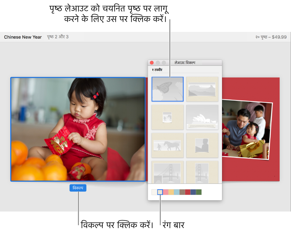 किताब का दो पृष्ठ फैलाव, साथ में इसके आगे दिखने वाले लेआउट विकल्प विंडो.