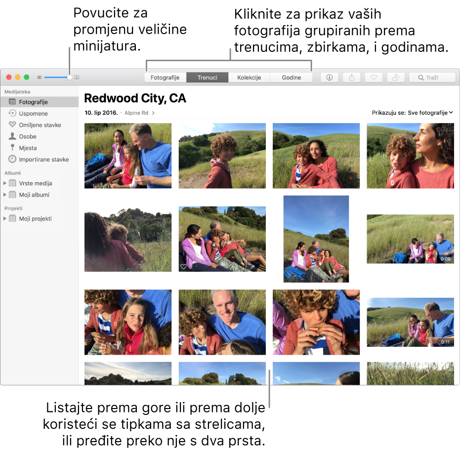 Prozor aplikacije Foto prikazuje fotografije unutar trenutka.