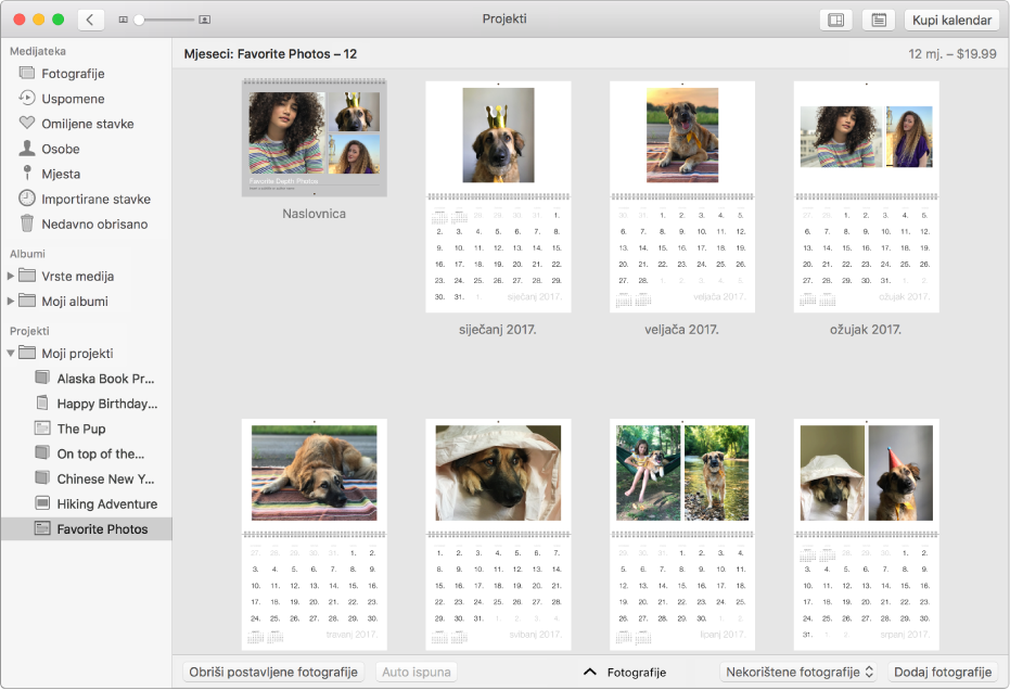 Prozor aplikacije Foto s prikazom kalendara.
