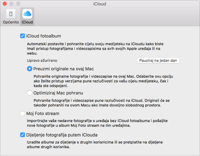 Prozor iCloud za postavke aplikacije Foto.