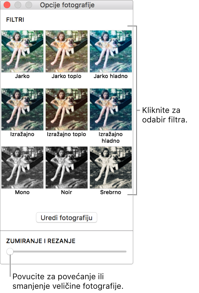 Prozor Opcije fotografije s kliznikom Zumiranje i rezanje na dnu te opcijama efekata na vrhu.
