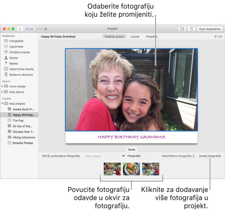 Čestitka s odabranom fotografijom i tipkom Dodaj fotografije dolje desno.