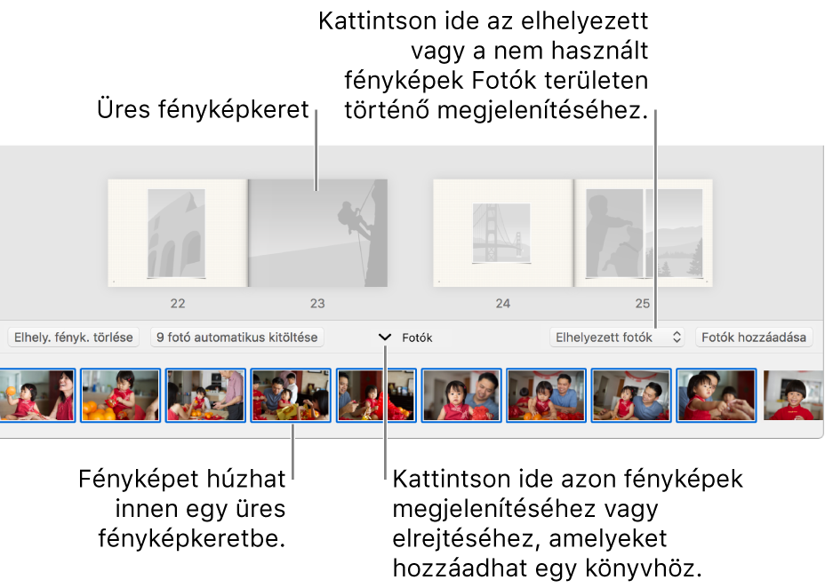A Fotók ablaka egy könyv oldalaival, alul a Fotók területtel.
