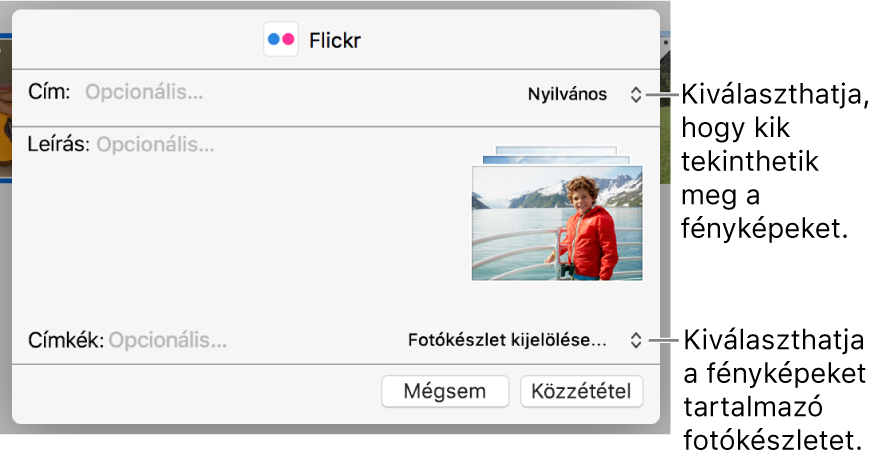 Flickr-megosztás párbeszédablaka.
