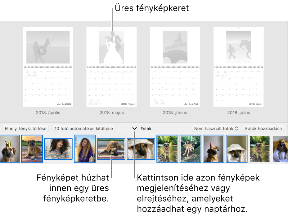 A Fotók ablaka egy naptár oldalaival, alul a Fotók területtel.