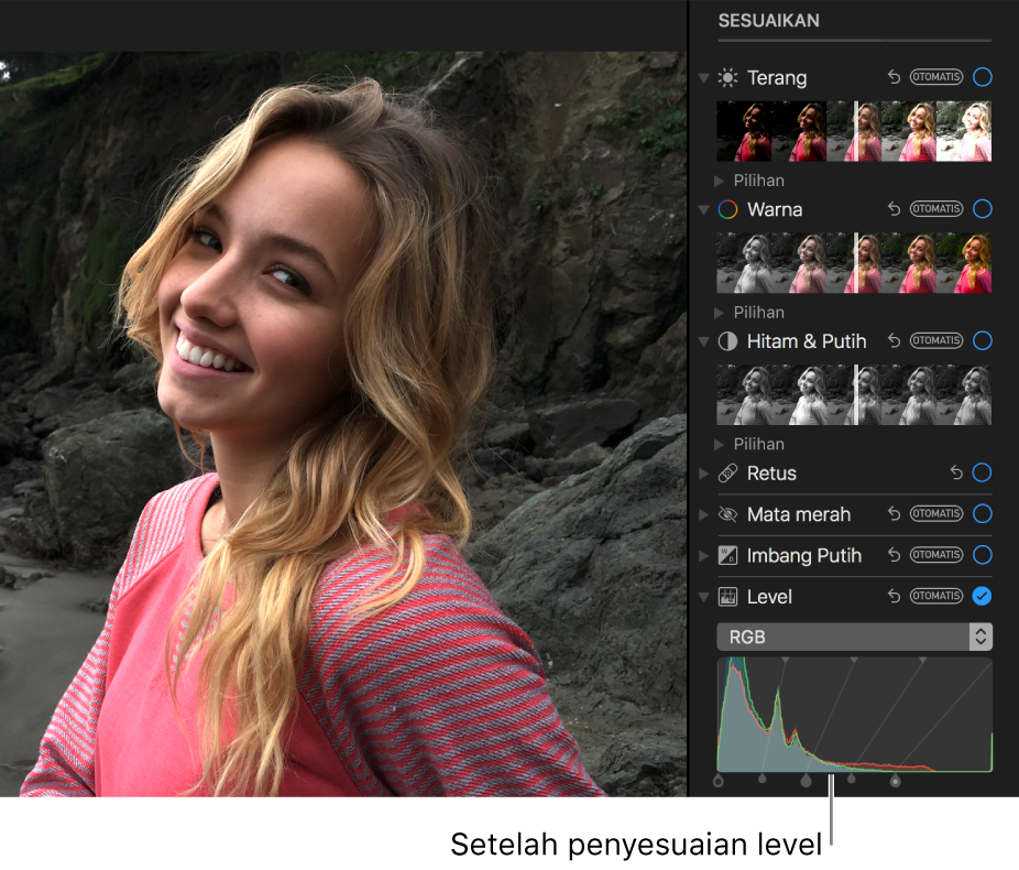 Foto setelah penyesuaian tingkat.