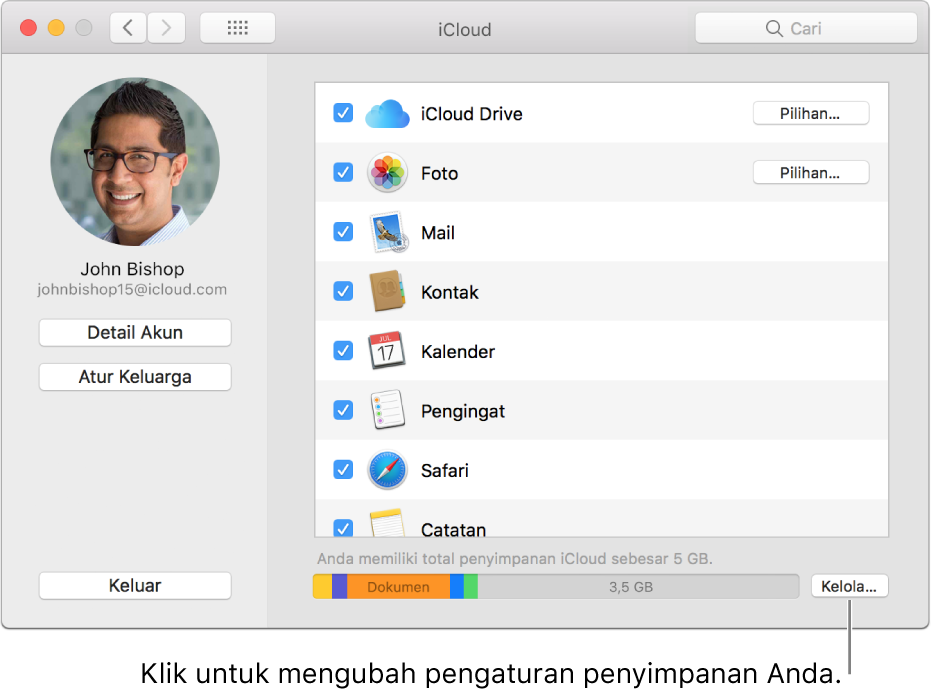 Panel iCloud pada Preferensi Sistem.