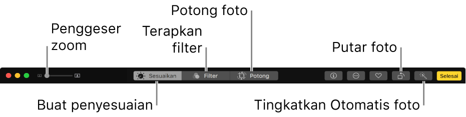 Bar alat pengeditan menampilkan tombol untuk menampilkan pilihan penyesuaian, filter, dan pemotongan.
