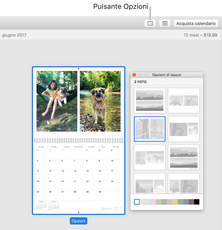 Pagina del calendario a sinistra con la finestra “Opzioni layout” a destra, che mostra i layout di pagina.