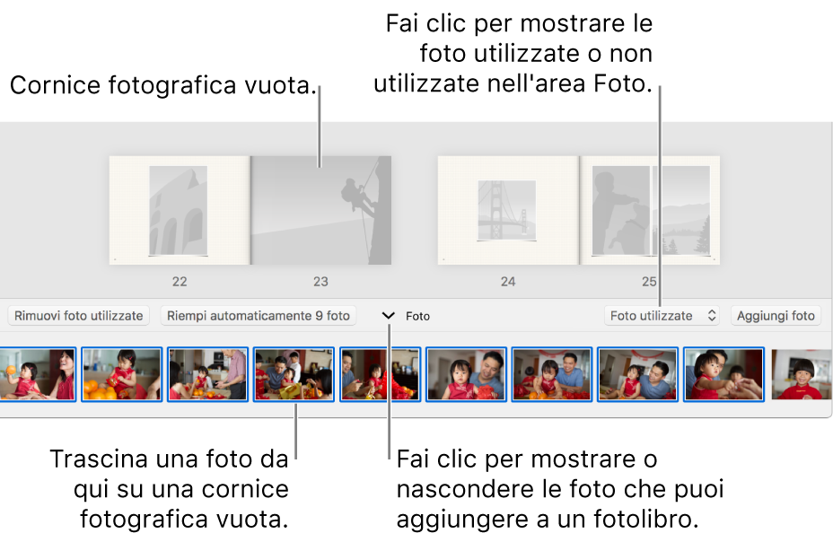 Finestra di Foto che mostra le pagine di un fotolibro con l'area Foto in basso.