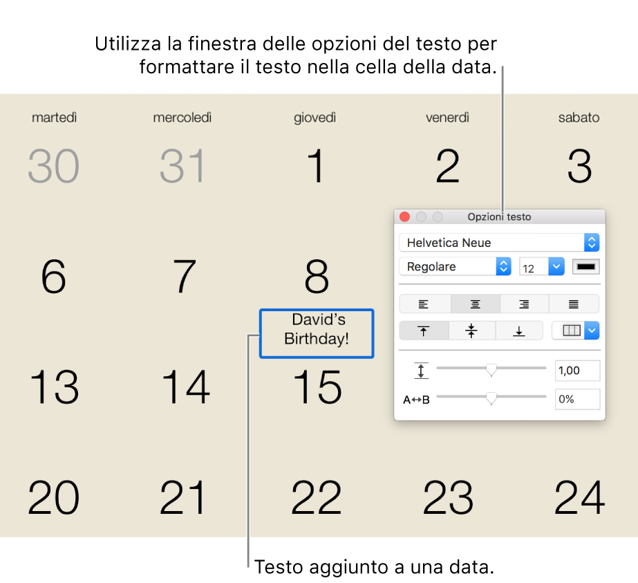 Una data del calendario con testo aggiunto e la finestra “Opzioni testo” a destra.